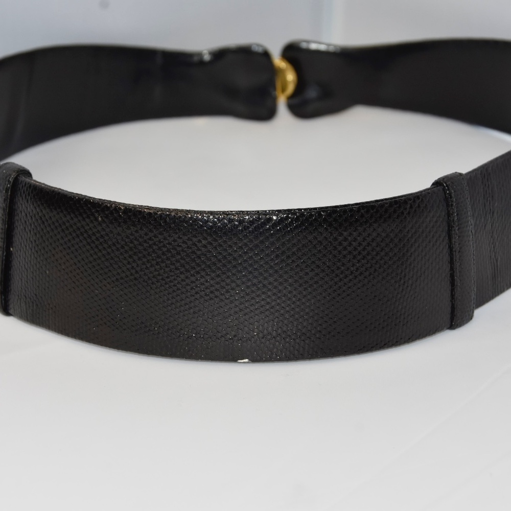 Judith Leiber Embossed Black Snake Print Leather Belt w/Jeweled Cabochon Buckle - Picture 5 of 7
